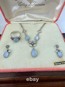 Vintage AMCO Sterling Silver Blue Moonstone Glass Necklace Earrings Ring Set