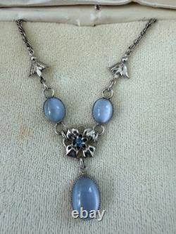 Vintage AMCO Sterling Silver Blue Moonstone Glass Necklace Earrings Ring Set