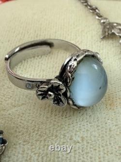 Vintage AMCO Sterling Silver Blue Moonstone Glass Necklace Earrings Ring Set