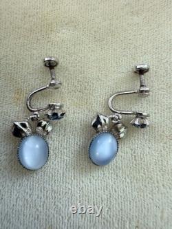 Vintage AMCO Sterling Silver Blue Moonstone Glass Necklace Earrings Ring Set