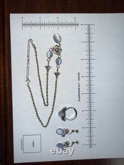 Vintage AMCO Sterling Silver Blue Moonstone Glass Necklace Earrings Ring Set