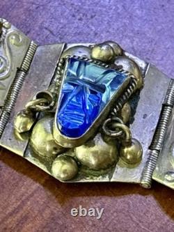 Vintage AR Sterling Silver 925 Bar Link Bracelet With Blue Stones / Glass Taxco