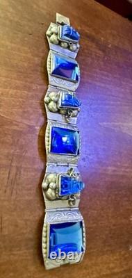 Vintage AR Sterling Silver 925 Bar Link Bracelet With Blue Stones / Glass Taxco