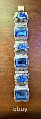 Vintage AR Sterling Silver 925 Bar Link Bracelet With Blue Stones / Glass Taxco