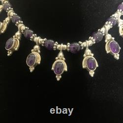 Vintage Amethyst Glass Sterling Silver Necklace Dangle Pendant Bead Choker 15