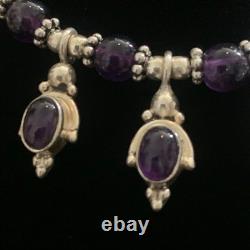 Vintage Amethyst Glass Sterling Silver Necklace Dangle Pendant Bead Choker 15
