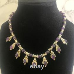 Vintage Amethyst Glass Sterling Silver Necklace Dangle Pendant Bead Choker 15