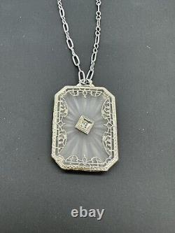 Vintage Anson Sterling Silver & Diamond Art Deco Filigree Camphor Glass Necklace