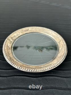 Vintage Anston Sterling Silver & Glass Dish Bottle Coaster starburst design D1