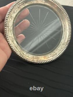 Vintage Anston Sterling Silver & Glass Dish Bottle Coaster starburst design D1