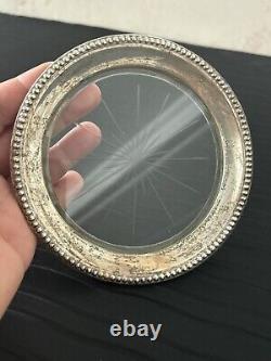 Vintage Anston Sterling Silver & Glass Dish Bottle Coaster starburst design D1