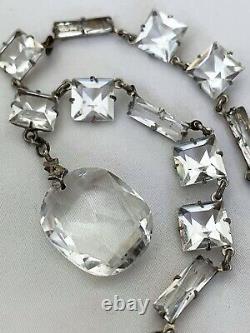 Vintage Antique Art Deco Paste Crystal Glass Open Back Sterling Drop Necklace