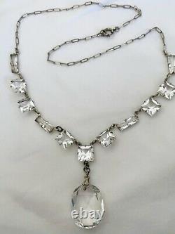 Vintage Antique Art Deco Paste Crystal Glass Open Back Sterling Drop Necklace