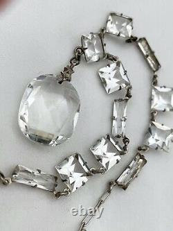 Vintage Antique Art Deco Paste Crystal Glass Open Back Sterling Drop Necklace
