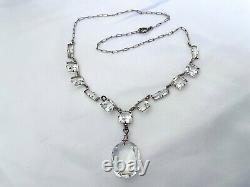 Vintage Antique Art Deco Paste Crystal Glass Open Back Sterling Drop Necklace