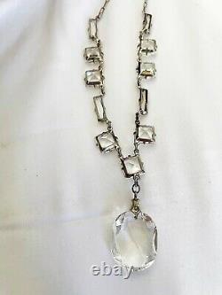 Vintage Antique Art Deco Paste Crystal Glass Open Back Sterling Drop Necklace