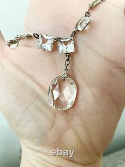 Vintage Antique Art Deco Paste Crystal Glass Open Back Sterling Drop Necklace