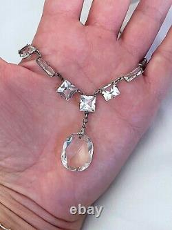 Vintage Antique Art Deco Paste Crystal Glass Open Back Sterling Drop Necklace