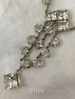 Vintage Antique Art Deco Paste Crystal Glass Open Back Sterling Lariat Necklace