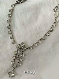 Vintage Antique Art Deco Paste Crystal Glass Open Back Sterling Lariat Necklace