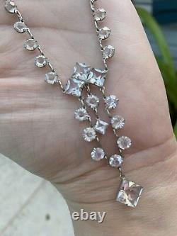 Vintage Antique Art Deco Paste Crystal Glass Open Back Sterling Lariat Necklace