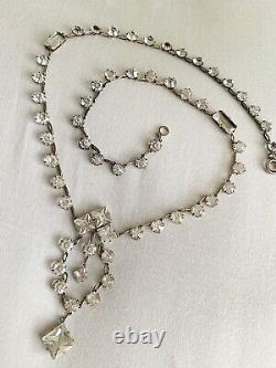 Vintage Antique Art Deco Paste Crystal Glass Open Back Sterling Lariat Necklace