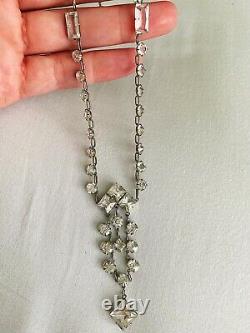 Vintage Antique Art Deco Paste Crystal Glass Open Back Sterling Lariat Necklace