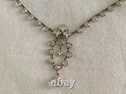 Vintage Antique Art Deco Paste Crystal Glass Open Back Sterling Lariat Necklace