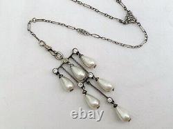 Vintage Antique Art Deco Sterling Crystal Glass Pearl Paste Bezel Long Necklace