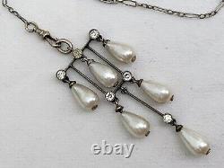 Vintage Antique Art Deco Sterling Crystal Glass Pearl Paste Bezel Long Necklace