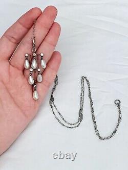 Vintage Antique Art Deco Sterling Crystal Glass Pearl Paste Bezel Long Necklace