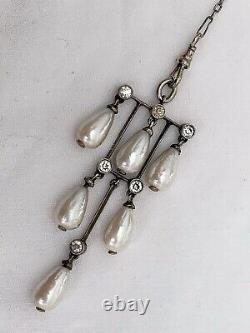 Vintage Antique Art Deco Sterling Crystal Glass Pearl Paste Bezel Long Necklace