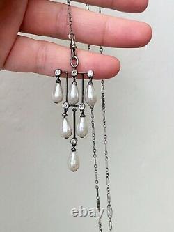 Vintage Antique Art Deco Sterling Crystal Glass Pearl Paste Bezel Long Necklace