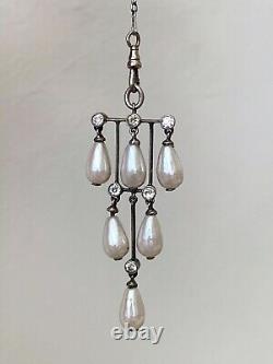 Vintage Antique Art Deco Sterling Crystal Glass Pearl Paste Bezel Long Necklace