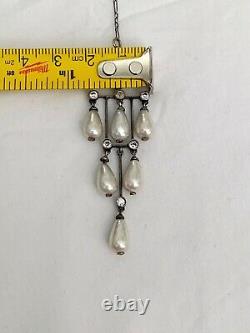 Vintage Antique Art Deco Sterling Crystal Glass Pearl Paste Bezel Long Necklace