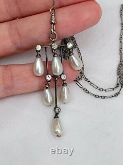 Vintage Antique Art Deco Sterling Crystal Glass Pearl Paste Bezel Long Necklace