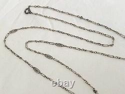 Vintage Antique Art Deco Sterling Crystal Glass Pearl Paste Bezel Long Necklace