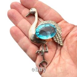 Vintage Antique Blue Glass Sterling Silver Stork Brooch Pin Stunning Big 3 Inch