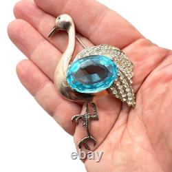Vintage Antique Blue Glass Sterling Silver Stork Brooch Pin Stunning Big 3 Inch