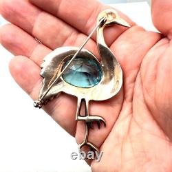 Vintage Antique Blue Glass Sterling Silver Stork Brooch Pin Stunning Big 3 Inch