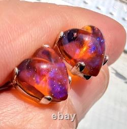 Vintage Antique Dragons Breath Glass Heart 925 Sterling Silver Stud Earrings
