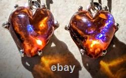 Vintage Antique Dragons Breath Glass Heart 925 Sterling Silver Stud Earrings