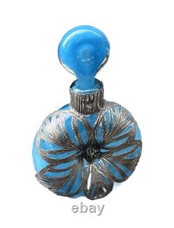 Vintage Antique England Sterling Silver Overlay Art Glass Perfume Scent Bottle