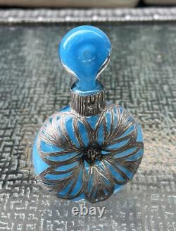 Vintage Antique England Sterling Silver Overlay Art Glass Perfume Scent Bottle