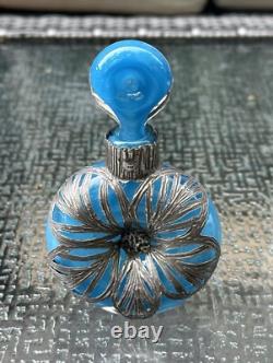 Vintage Antique England Sterling Silver Overlay Art Glass Perfume Scent Bottle