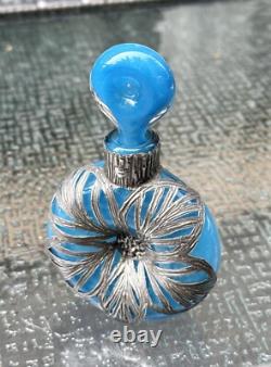 Vintage Antique England Sterling Silver Overlay Art Glass Perfume Scent Bottle