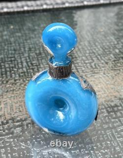 Vintage Antique England Sterling Silver Overlay Art Glass Perfume Scent Bottle