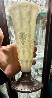 Vintage / Antique Newport Milk Glass With Sterling Silver Base Grape Vine Design