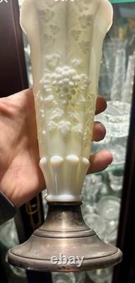 Vintage / Antique Newport Milk Glass With Sterling Silver Base Grape Vine Design