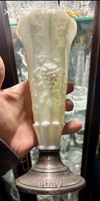Vintage / Antique Newport Milk Glass With Sterling Silver Base Grape Vine Design